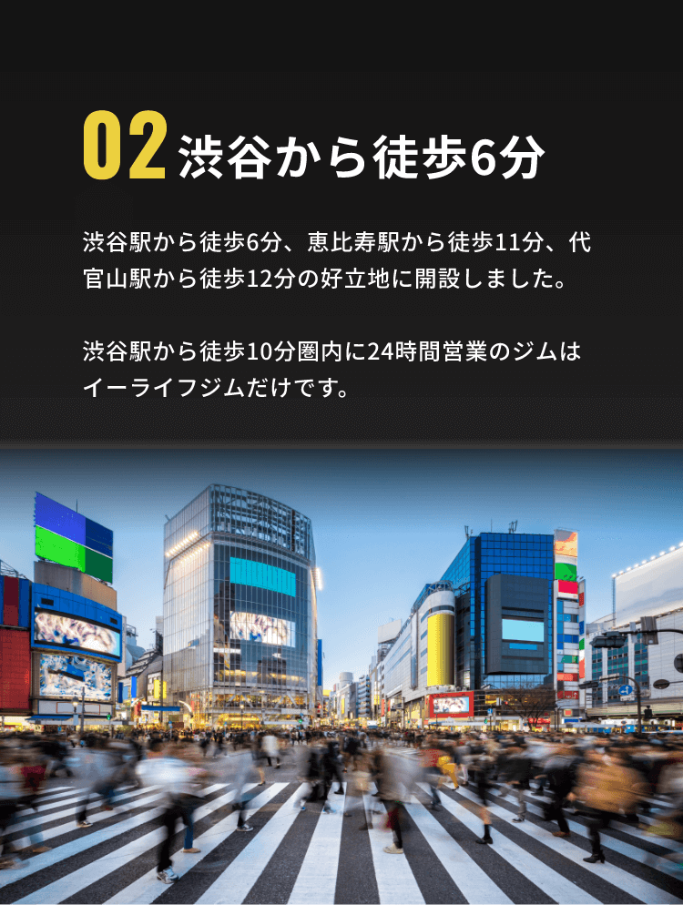 02 渋谷駅から徒歩6分 - 渋谷駅から徒歩6分、恵比寿駅から徒歩11分、代官山駅から徒歩12分の好立地に開設しました。渋谷駅から徒歩10分圏内に24時間営業のジムはイーライフジムだけです。